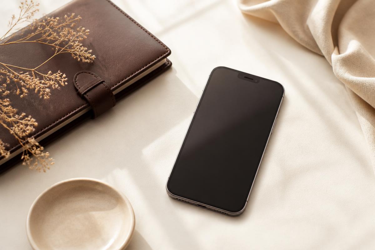 Celular e caderno de couro sobre superfície clara