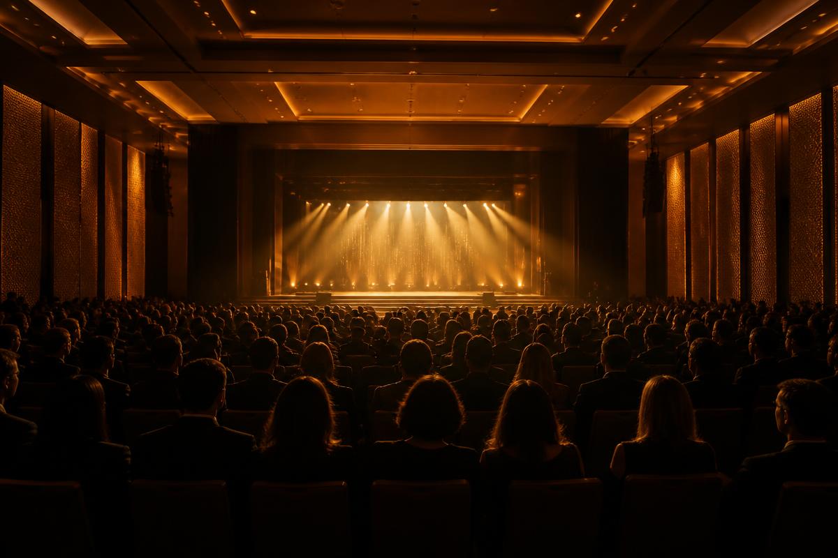 Plateia diante de um palco iluminado em luz âmbar